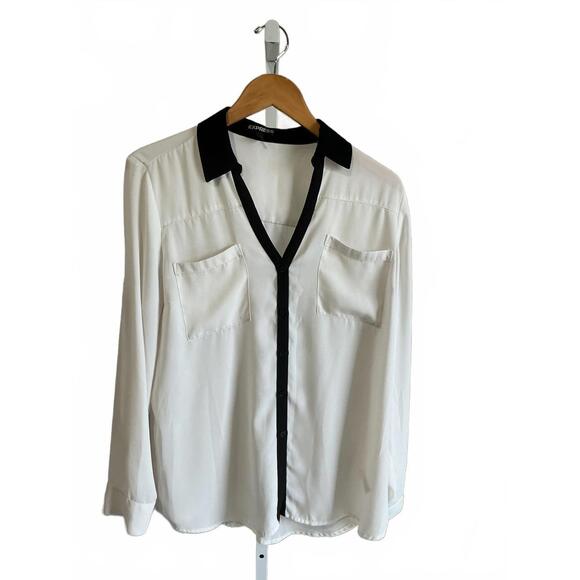 Express Tops - Retro Express Women's Black and Off white Button-Up Blouse, Size Large